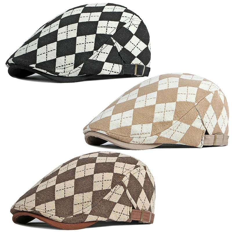 New Spring And Autumn Beret Hats Vintage Checkered Brown Coffee Khaki Flat Cap Front Cap Painter's Cap Man