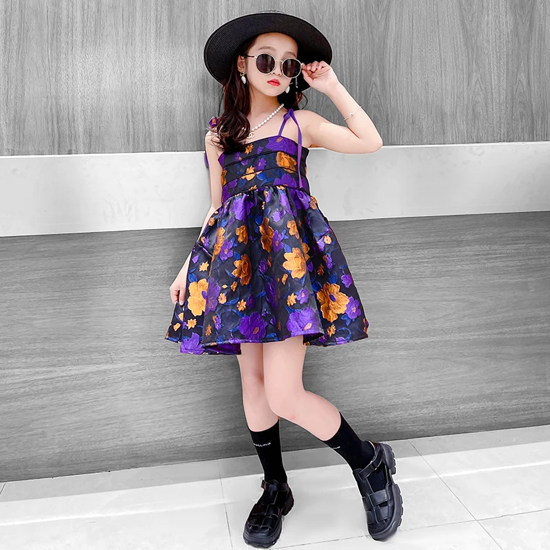 Embroidered suspenders girls' dresses summer noble purple 2022  new children's long skirts cheap baby vest dresses spring autumn