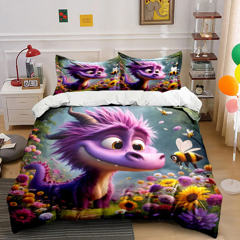 Purple dragon meets bee in flowers Bedding Set for Kids Luxury Gift 3pc Digital Print Comforter Set Soft Comfortable Breathable