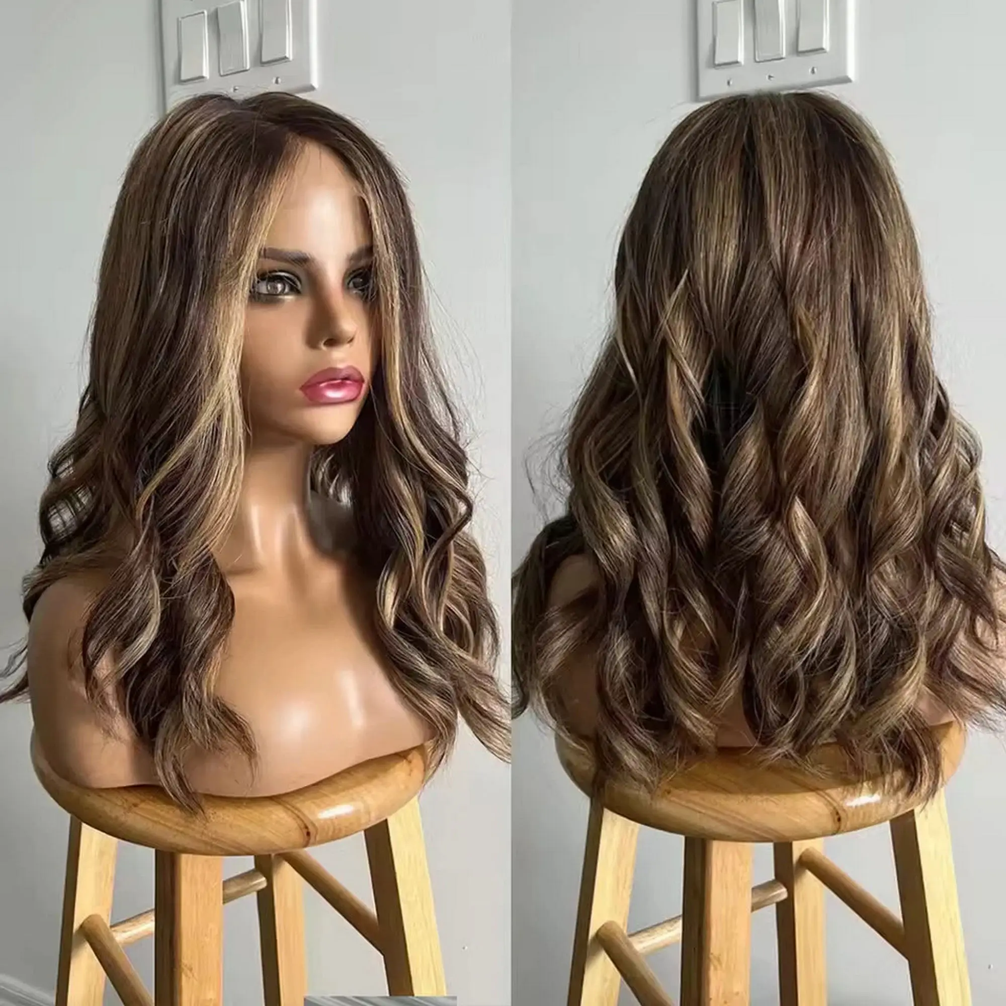 

Синтетический парик с волнистыми локонами и кружевной передней частью, предварительно выщипанный, реалистичный вид линии волос, каштаново-коричневый с темными корнями, для начинающих