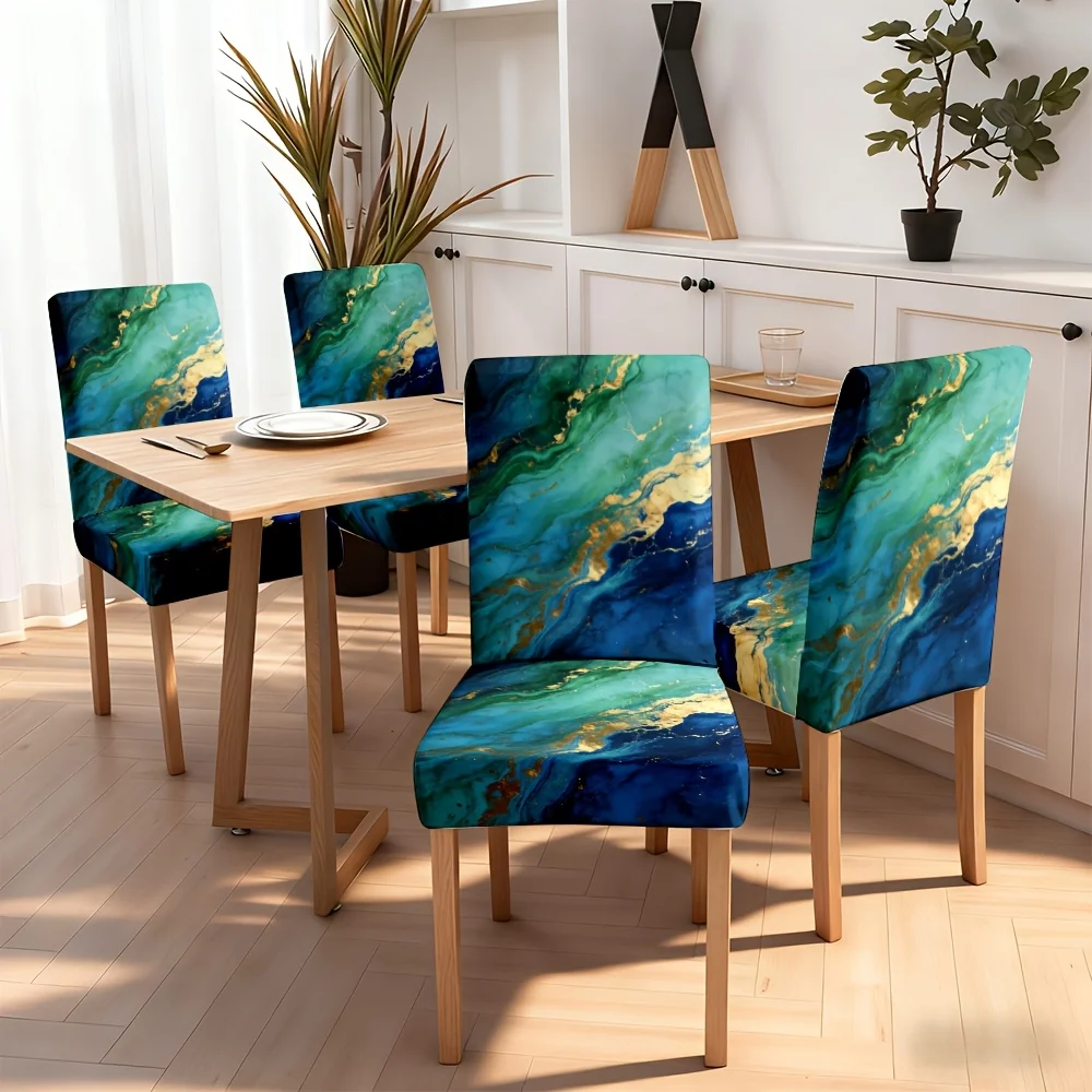 2/4/6pcs Luxury Teal Blue Gold Marble Fluid Art Print Stretch Dining Chair Cover, Removable Washable Chair Slipcover