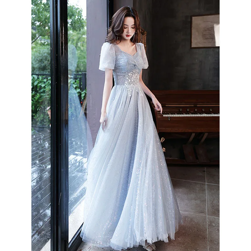 

Fairy Gray Blue Eveing Dresses Long Prom Dresses Sweetheart Short Sleeves Lace-up Back Long Party Dress