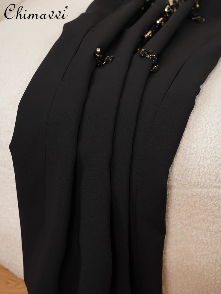 Vestido de viajero negro elegante con cuello en V Retro francés, ropa de otoño 2025, nueva moda, vestido corto sin mangas para fiesta para mujer