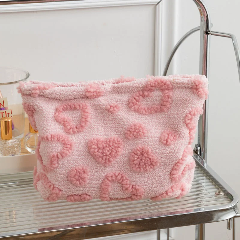 Heart Plush Makeup Bag Cute Fluffy Cosmetic Pouch Portable Travel Toiletry Storage Hand Bag