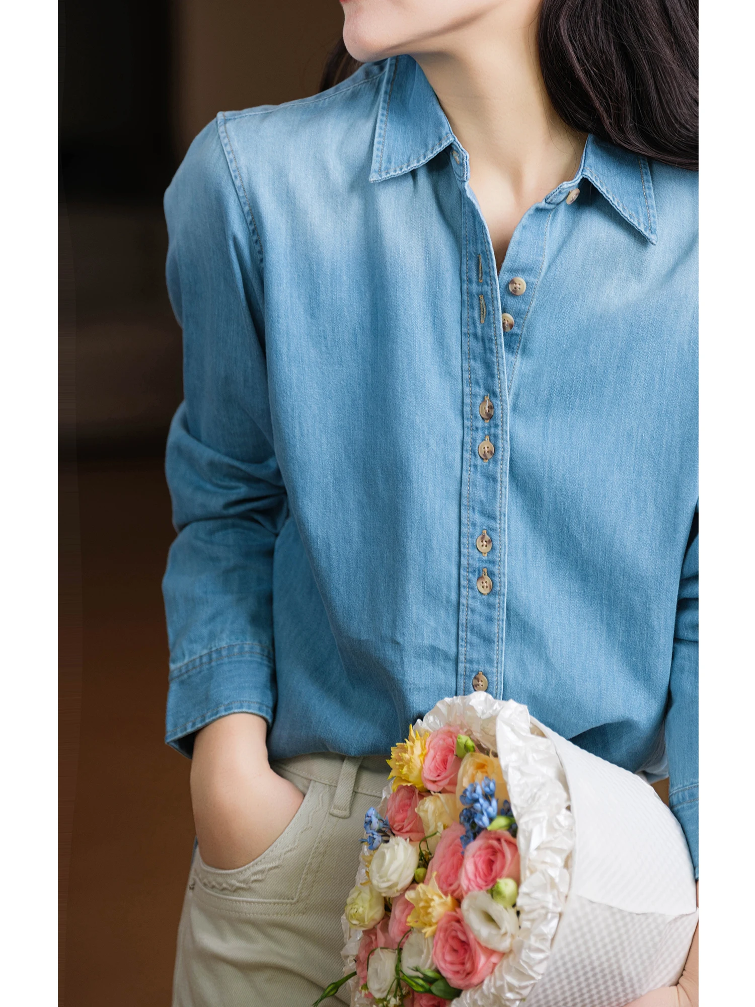 

Anti-Curling Women's Denim irt adient Waed Heavyweight Combed Cotton 00 Sewn Casual Loose Fit Long Sve Button