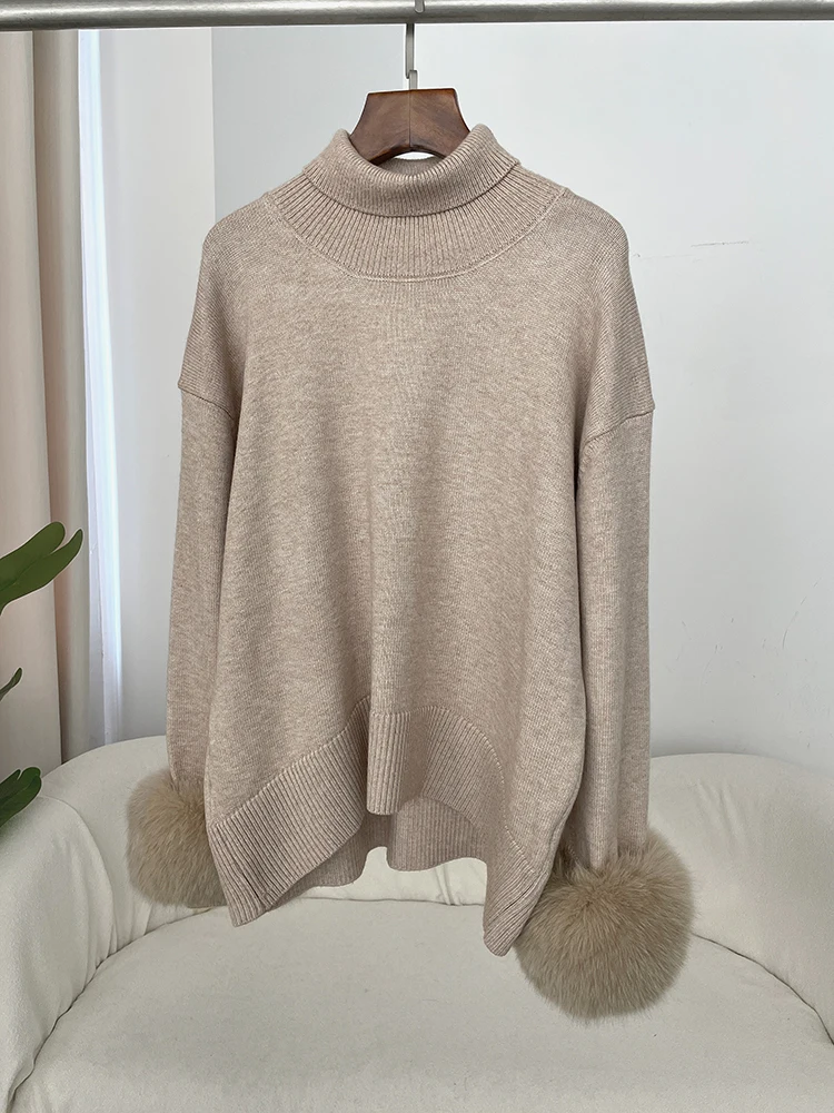 OFTBUY Winter Women Wool Pullovers Oversized Real Fox Fur Cuffs Sweater Elegant Office Lady Clothing Loose Turtleneck Jumper