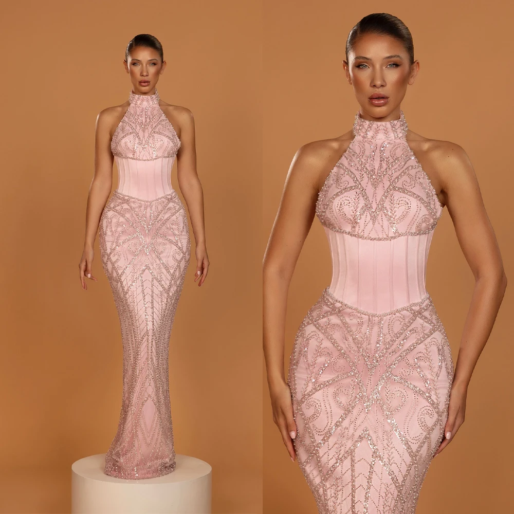 Vestidos de Noche elegantes con cuello Halter, vestido de fiesta de lentejuelas y perlas, vestido de fiesta de princesa sin mangas de sirena, Vestidos de noche personalizados