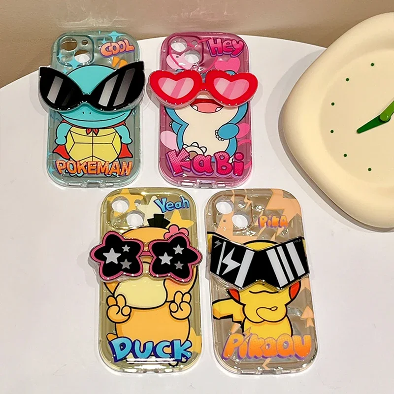 Cartoon Pokemon Glasses Bracket Phone Case for iPhone 15 14 13 12 11 Pro Max XS X XR 8 7 Plus SE 2020 Soft Silicone Cover Funda