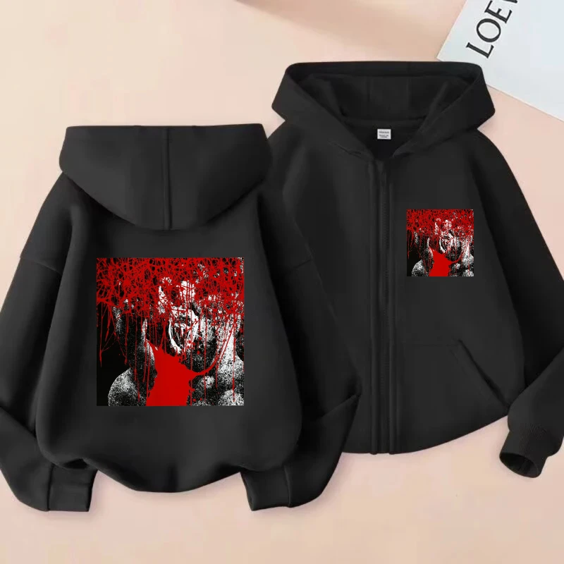 

Men's Hooded Jacket Black Devil Blood Print Zip-Up Sweatshirt Casual Streetwear for Halloween Party and Daily Wear