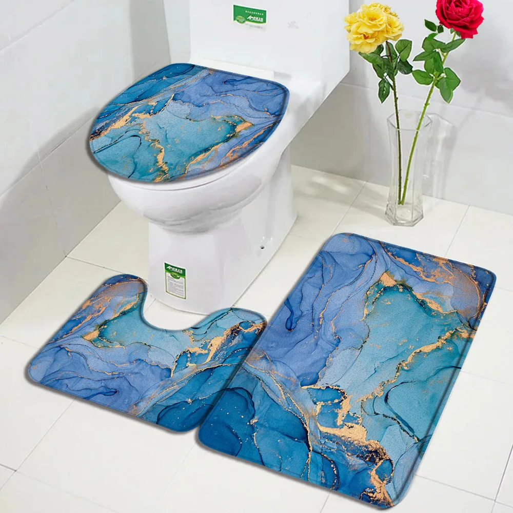 Abstract Marble Bath Mat Set Gold Lines Blue Ink Texture Art Pattern Modern Home Carpet Bathroom Decor Non-slip Rug Toilet Cover