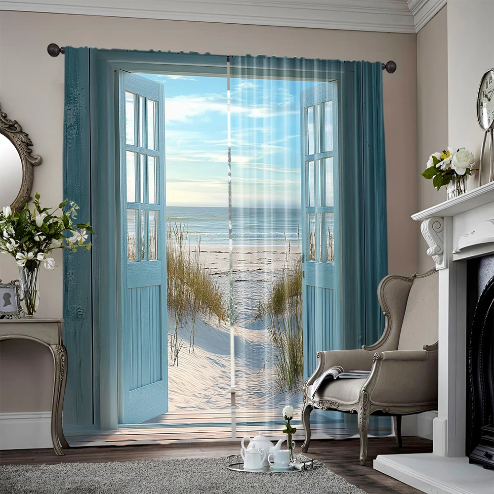 2pcs, 2D flat printing Window Drapes Beach View Through Open Door Light Filter Festive Wall Decor Suitable for Multipurpose