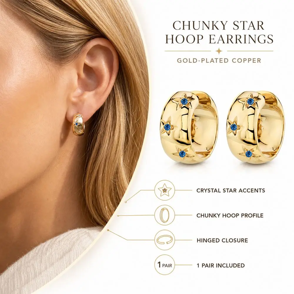 1Pair Crystal Embellished Chunky Hoop Earrings Chunky Profile Hinged Closure Crystal Hoop Earrings Polished Finish Star Accents
