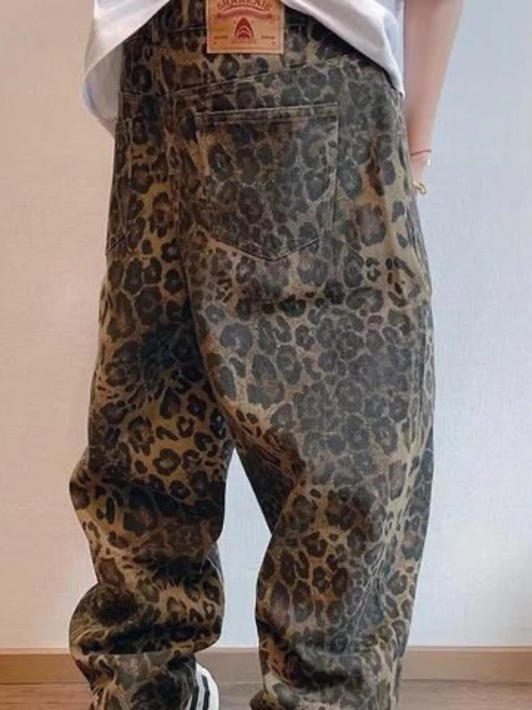 HOUZHOU Tan Leopard Jeans Men Oversized Wide Leg Trousers Streetwear Hip Hop Denim Pants Male Vintage Baggy Casual Animal Print