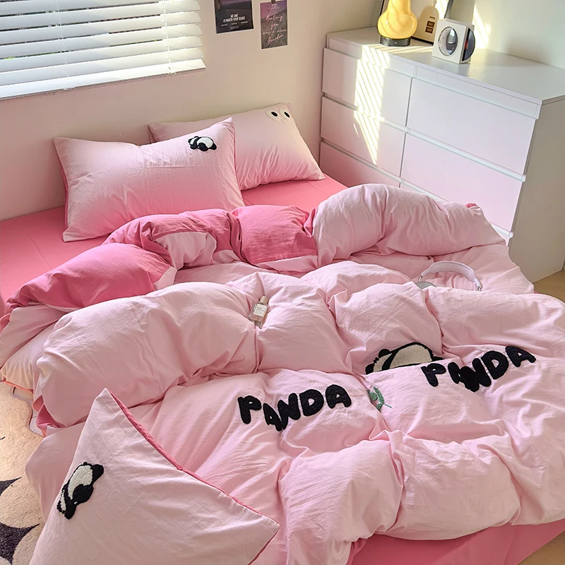 Ins Style Cartoon Washed Cotton Bedding Set Dormitory Bed Sheets Student Three Piece Set Towel Four Piece Set Soft Fabric