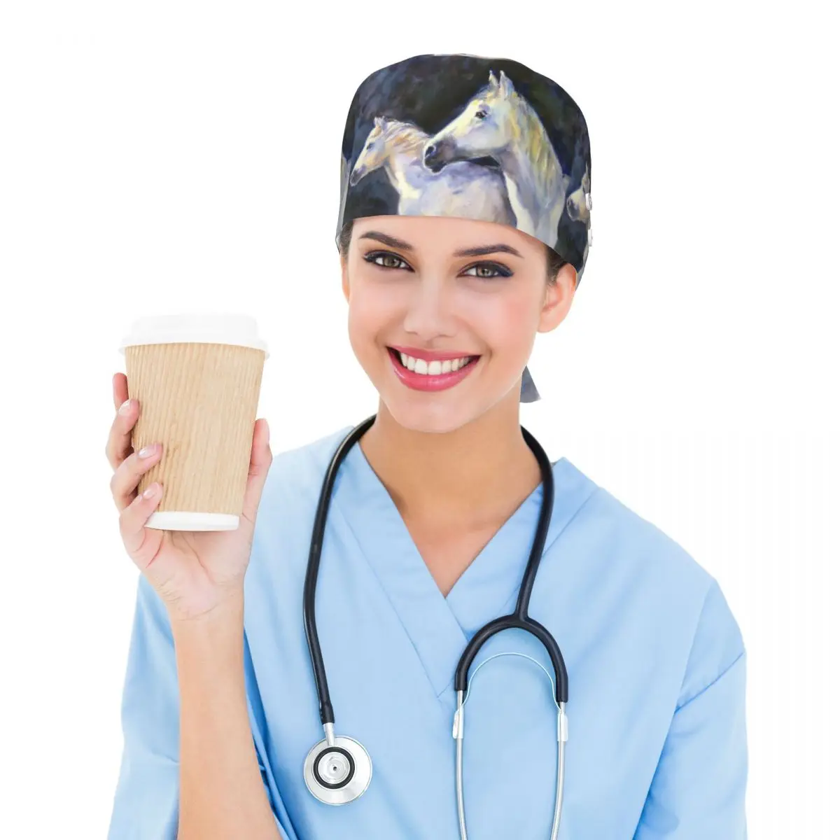 Double Horse Portrait Design Scrub Hat Doctor Working Surgical Cap Men Women Adjustable Nursing Caps for Dentist
