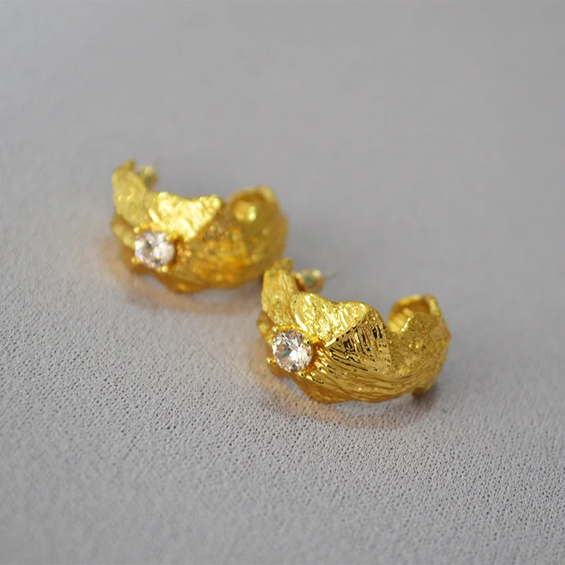 Exaggerated carving irregular texture zircon flash metal style stud earrings