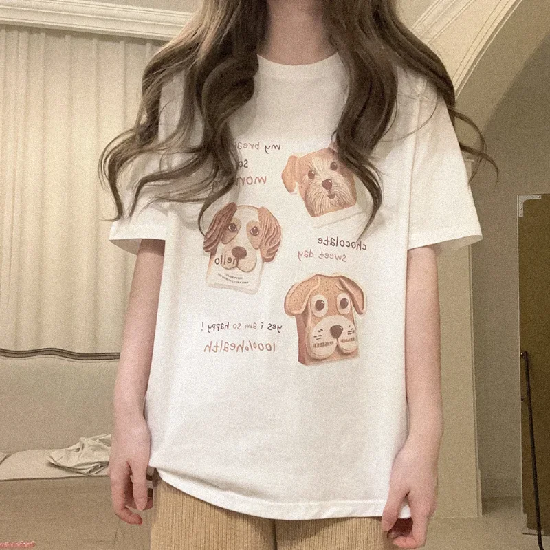 Cotton Tshirt Women Short Sleeve O-Neck Loose T-shirt Chocolate Bread Dog Pattern Casual Tops Tee Kawaii Clothes