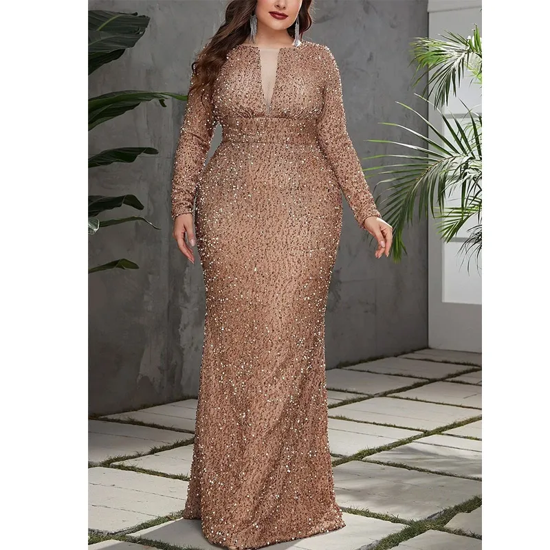 Vestido de noche largo hasta el suelo de lentejuelas champán de manga larga para mujer, vestido de graduación de sirena brillante de lujo, talla grande, 4xl, 5xl