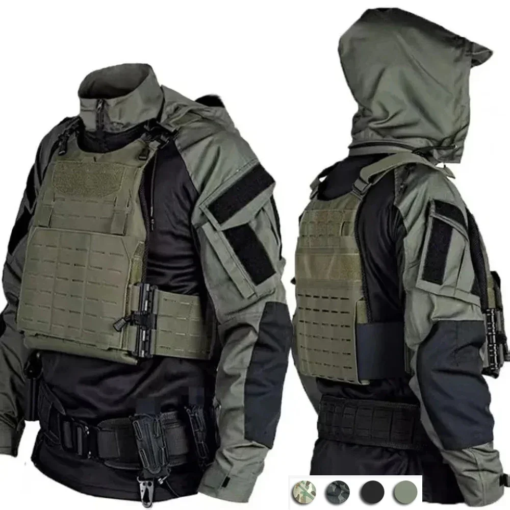 Tactical Shirts Men  Long Sleeved Combact T-shirts Camouflage Hooded Quick-dry CS Paintball T-Shirt SWAT Spring Fall Top