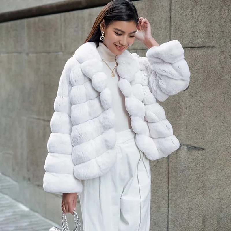 

Natural Rex Rabbit Short Jacket Women Autumn Winter Simple Cozy Lapel Outertwear Genuine Luxury Rex Rabbit Fur Coat Femael