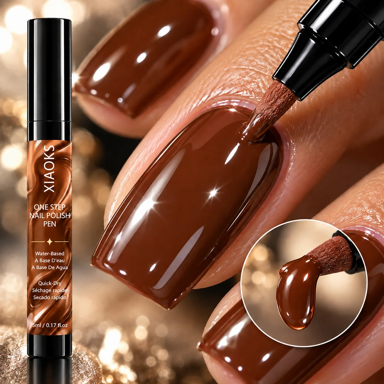 Xiaoks Mocha Brown One-Step Nail Art Pen, Mirror-Like Effect, No Need to Bake or Use a Light, Quick Film Formation, Safe Formula, Beginner-Friendly, Full Coverage with One Stroke, Smooth and Even Color Application, Long-Lasting Color Retention, Brightens Complexion, Waterproof and Wear-Resistant, Scratch-Resistant, Not Easy to Peel Off, Suitable for Home DIY Nail Art and Salon Nail Art, Suitable for Various Occasions Such as Festivals, Commuting, Dating, and More, Versatile for Daily Use, a Great Gift Option.