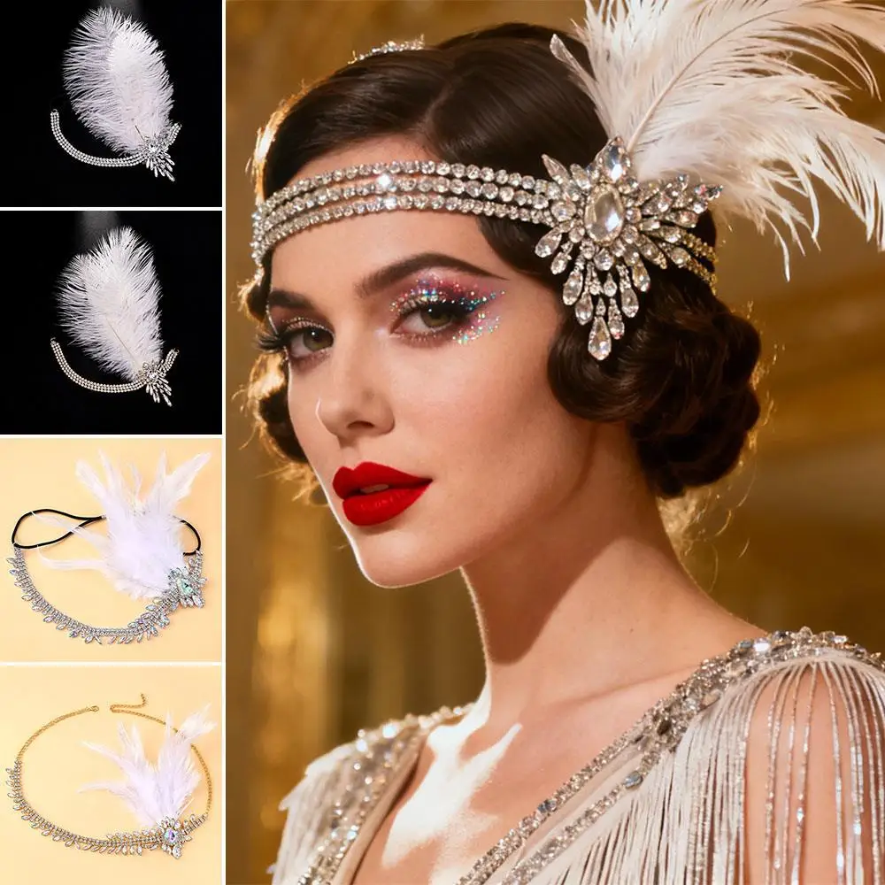 شرابة هيرباند الأبيض ريشة الفرقة الترتر كريستال Headbands حزب الزفاف خوذة DIY إكسسوارات الشعر حجر الراين رئيس سلسلة #5