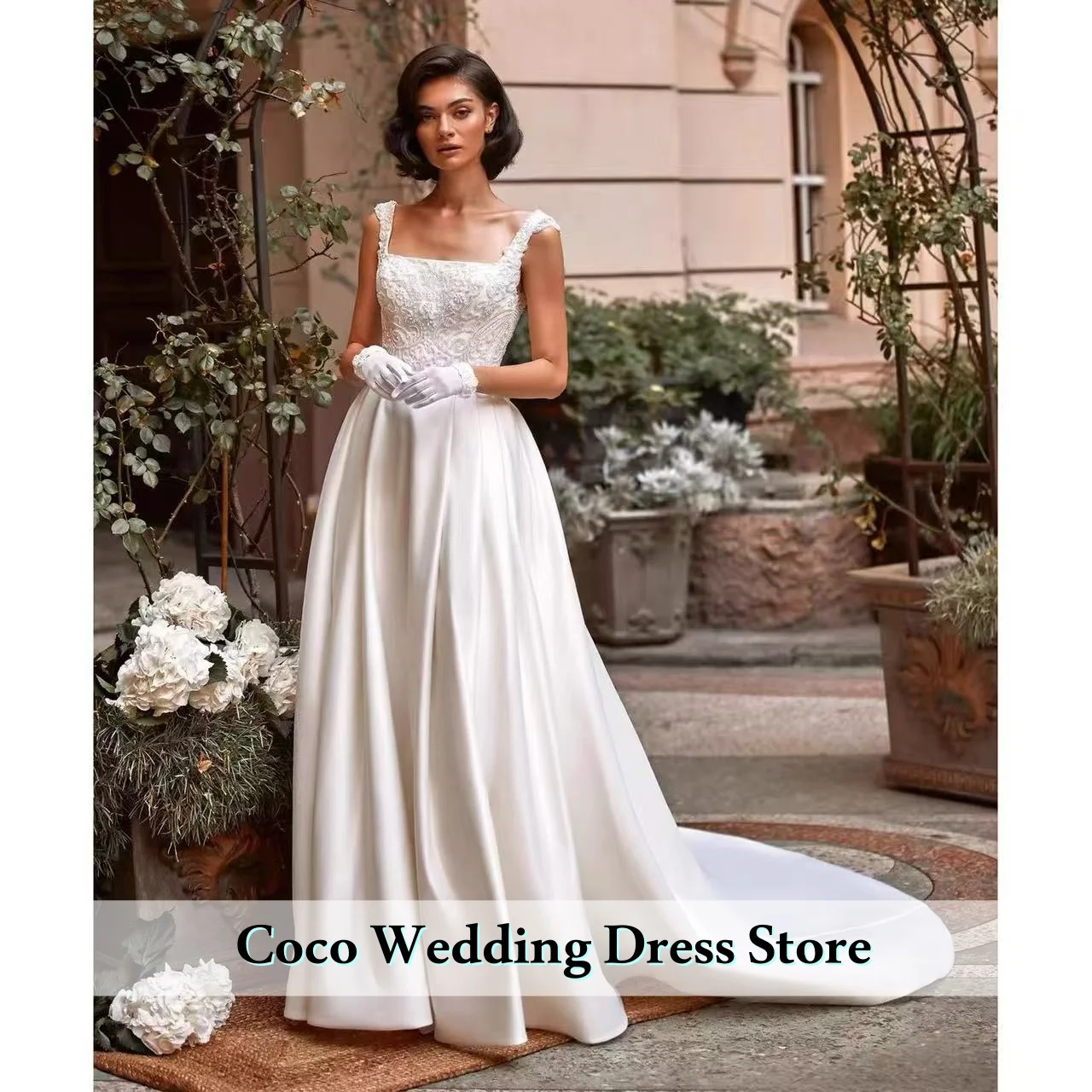 فساتين زفاف رائعة بياقة مربعة مخصصة من الساتان فساتين زفاف مطرزة بدون أكمام بدون ظهر فيستدوس دي نوفيا