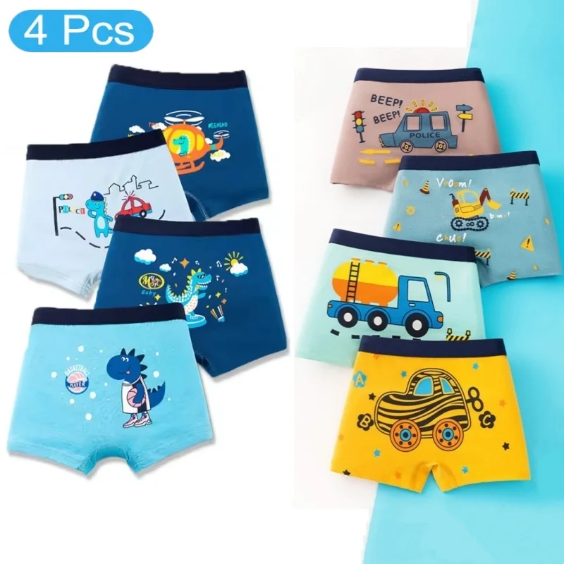 4 Pcs/Lot Boys Cotton Panties Cartoon Dinosaur Cars Patterns Breathable Underwear Kid Underpants Boy Boxer Brief  For 2-16 Years