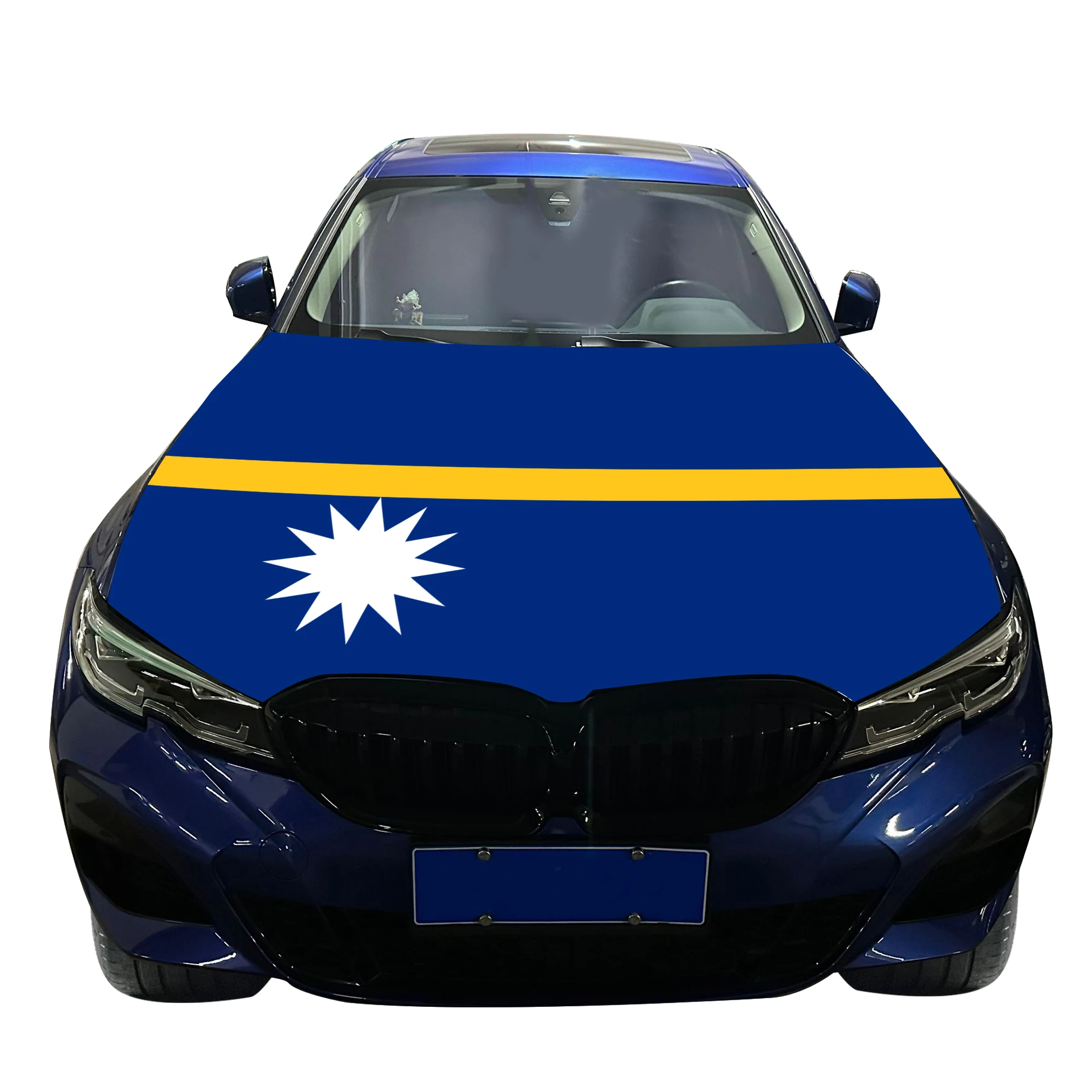 Nauru Car Hood Cover Flag  Universal Size Elastic Polyester 120x150cm for Car Decor