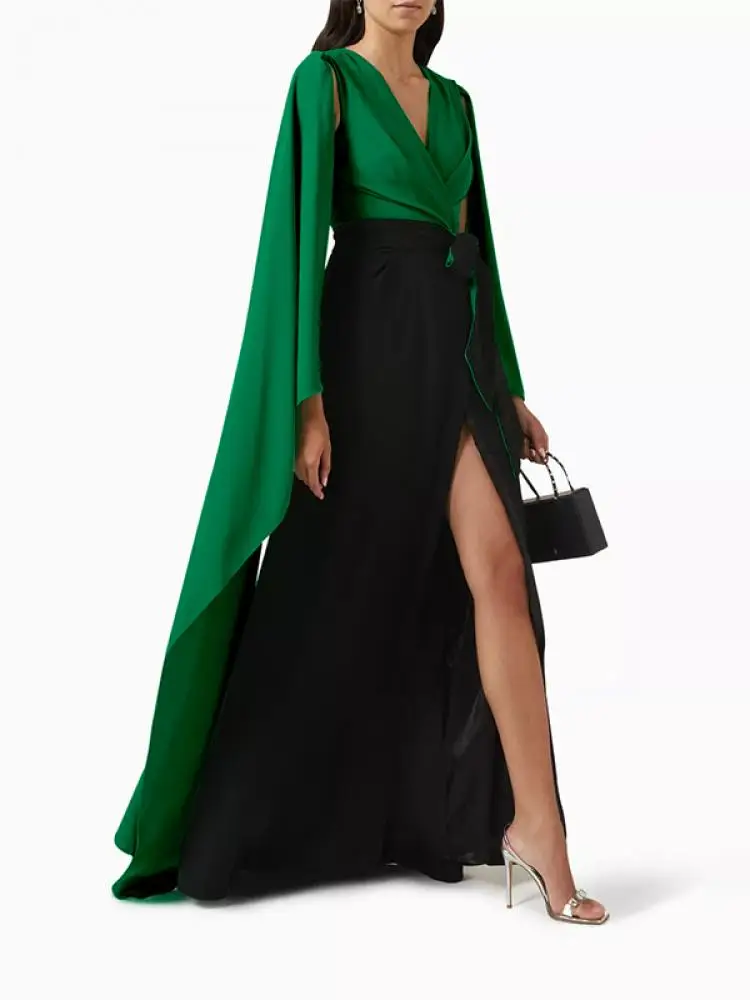 Bonboho Women Dress Green and Black Contrast Color Elegant Evening Dress V-neck Tied Wais Batwing Sleeve Pleated Maxi Dresses