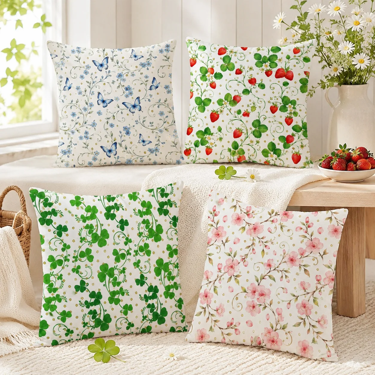 Lucky Four-Leaf Clover Cushion Cover Silky Short Plush With Invisible Zipper Dustproof Sofa Pillow Cover For Home Decor