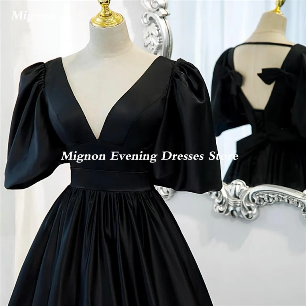 Mignon Satin A-line Prom Gown V-Neck Evening Cap Straps Floor-length Ruffle Formal BowElegant Party Dress for Women 2023