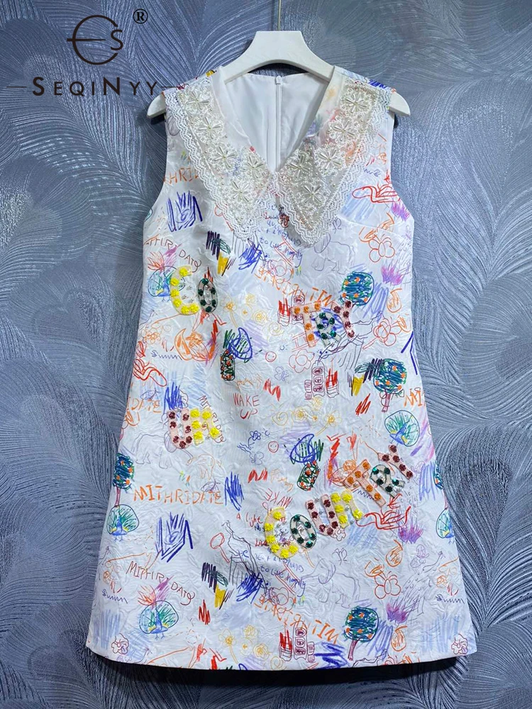 

SEQINYY White Vest Dress Summer Spring New Fashion Design Women Runway Vintage Graffiti Print Beading High Quality Jacquard