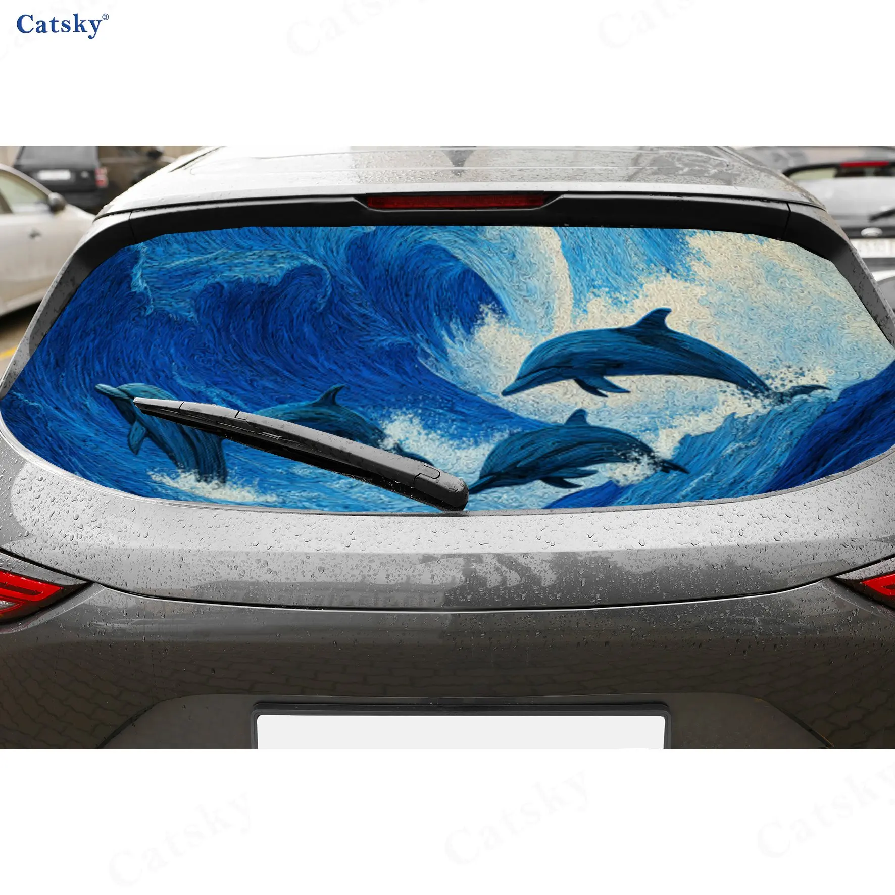 

Blue Dolphin Waves Ocean Adventure PVC Perforated Car Vinyl Wraps, Durable Car Rear Windshield Sticker, Waterproof Car Rear Wind