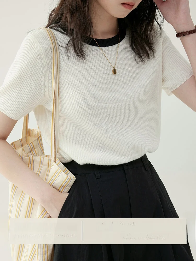 AMUU Ice Silk Knitted Casual Short Sleeve round Neck T-Shirt Women Summer Slimming Color Block Top Trendy Loose Fit Regular L...