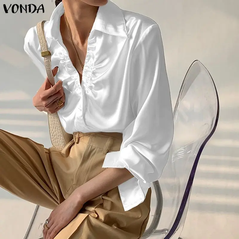 Plus Size 5XL VONDA Elegant Women Shirt Long Sleeve Satin Blouse Autumn Sexy V-Neck Pleated Office Lady Fashion Blusas Solid Top image 2