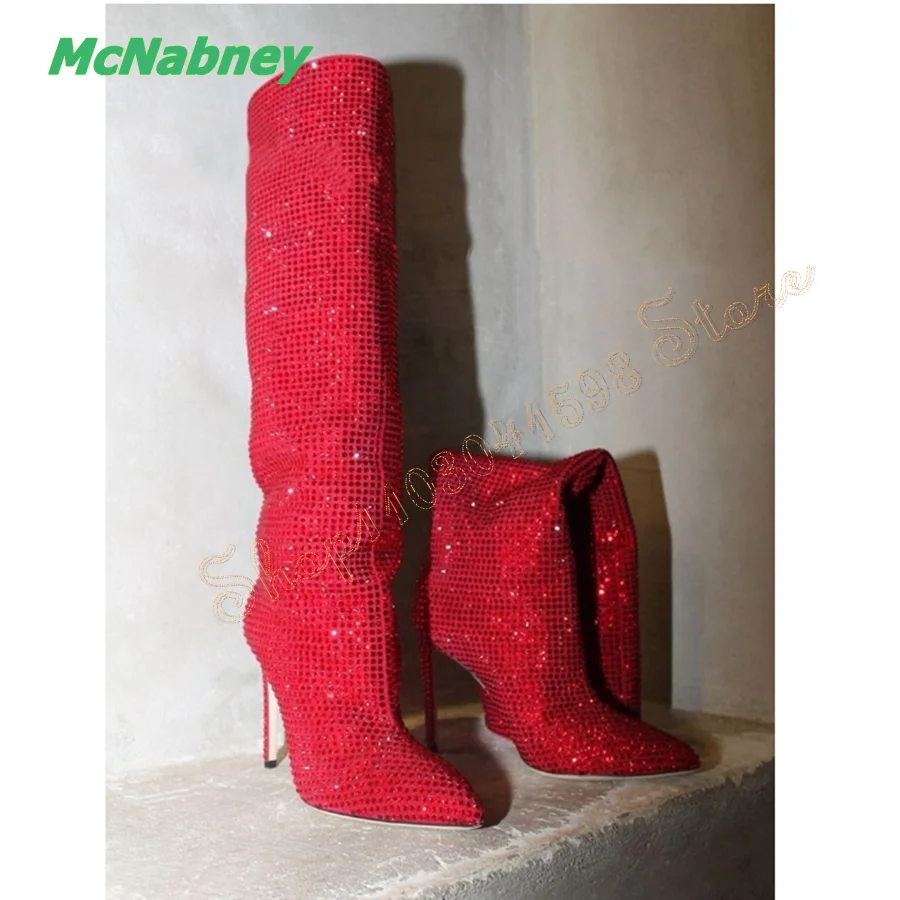 

BlingBling Crystal Rhinestone High Heel Boots,Women's Pointed Toe Stiletto Knee High Boots Plus Size2023 New Zapatos Para Mujere