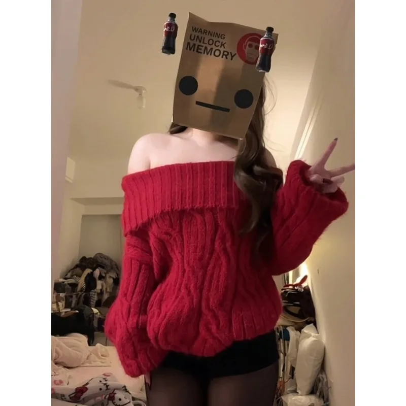 

Красный вязаный свитер на одно плечо в корейском стиле, пуловер, топ с открытыми плечами, подходит для зимы.