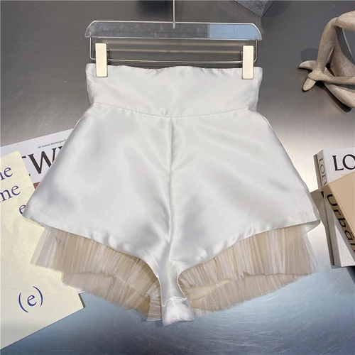 Fashion Women\'s Shorts 2023 Summer New Mesh Stitching Lining Exposed Design High Waist Slim Wide Leg Shorts Femme