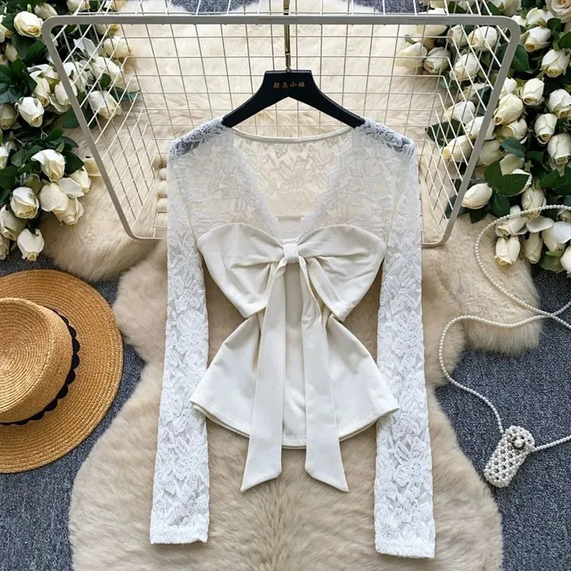

Women Lace Sheer Top Autumn V Neck Long Sleeve Splice Fashion Versatile Slim Shirt French Bow Design Workwear Blouse