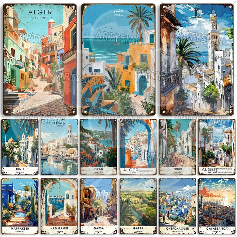 Cartel de Metal de paisaje urbano de viaje de Maghreb, Túnez, Alger, Argelia, Chefchaouen, Marruecos, Marrakesh, Oran, Kabylie, Hammamet, Tunis, placa de Gafsa