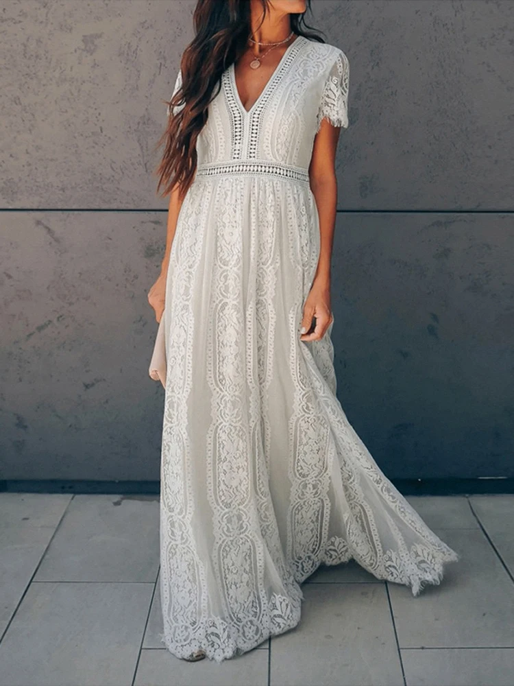 Summer Floral Lace Dress Women Elegant Party White Maxi Dress V Neck Wedding Long Dress Short Sleeve Hollow Out Woman Dress