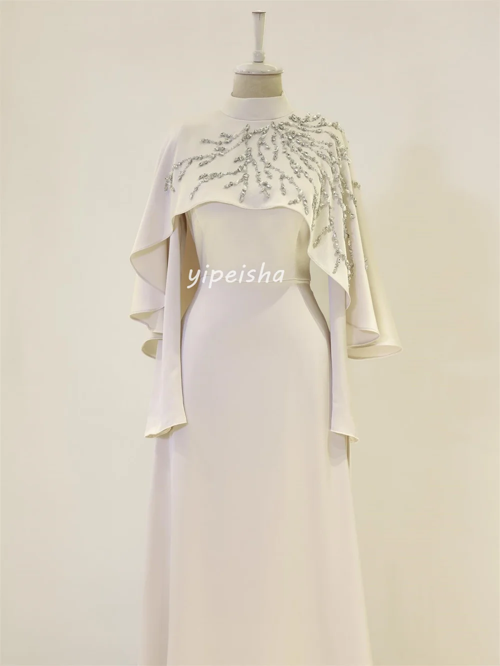 Customized Matching Sparkle Jersey Rhinestone Pleat Straight High Collar Long Dresses Bespoke Occasion Dresses Exquisite Classic