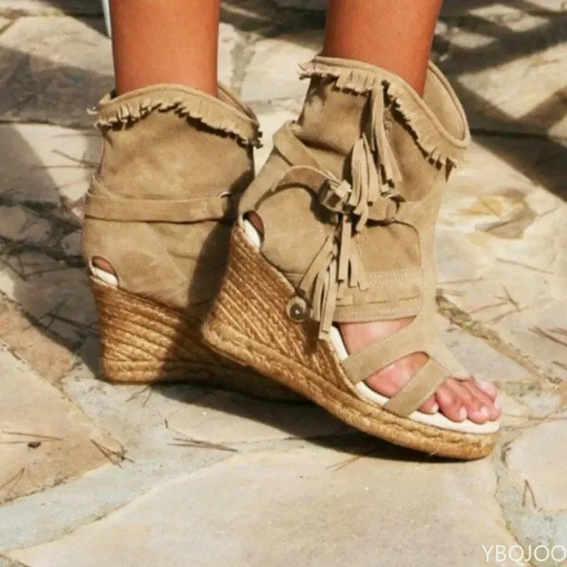 Sandalias de mujer verano 34-43 zapatos de mujer de talla grande plataforma cuña zapatos con borlas punta cerrada Boca de pescado zapatos de mujer