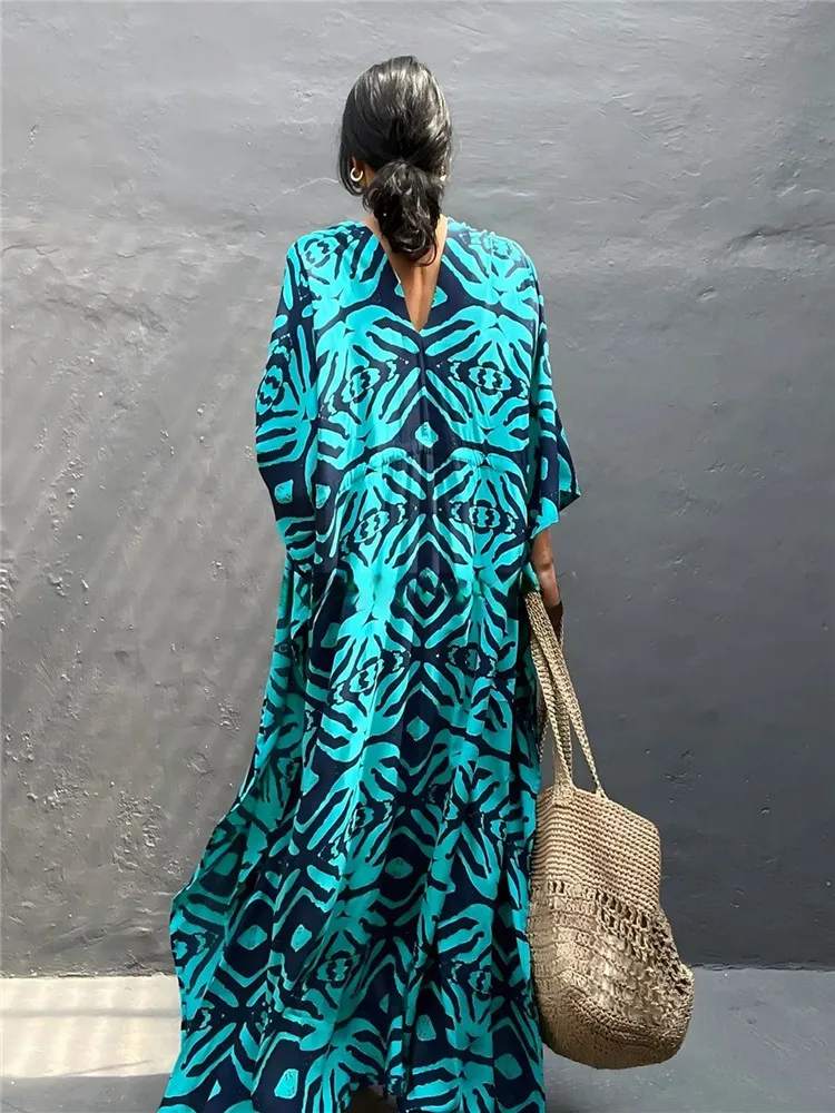 2025 Abito da spiaggia con stampa popolare per donna Abito estivo Abito lungo con maxi kimono diviso Costume da bagno Cover Up Beachwear Outwear