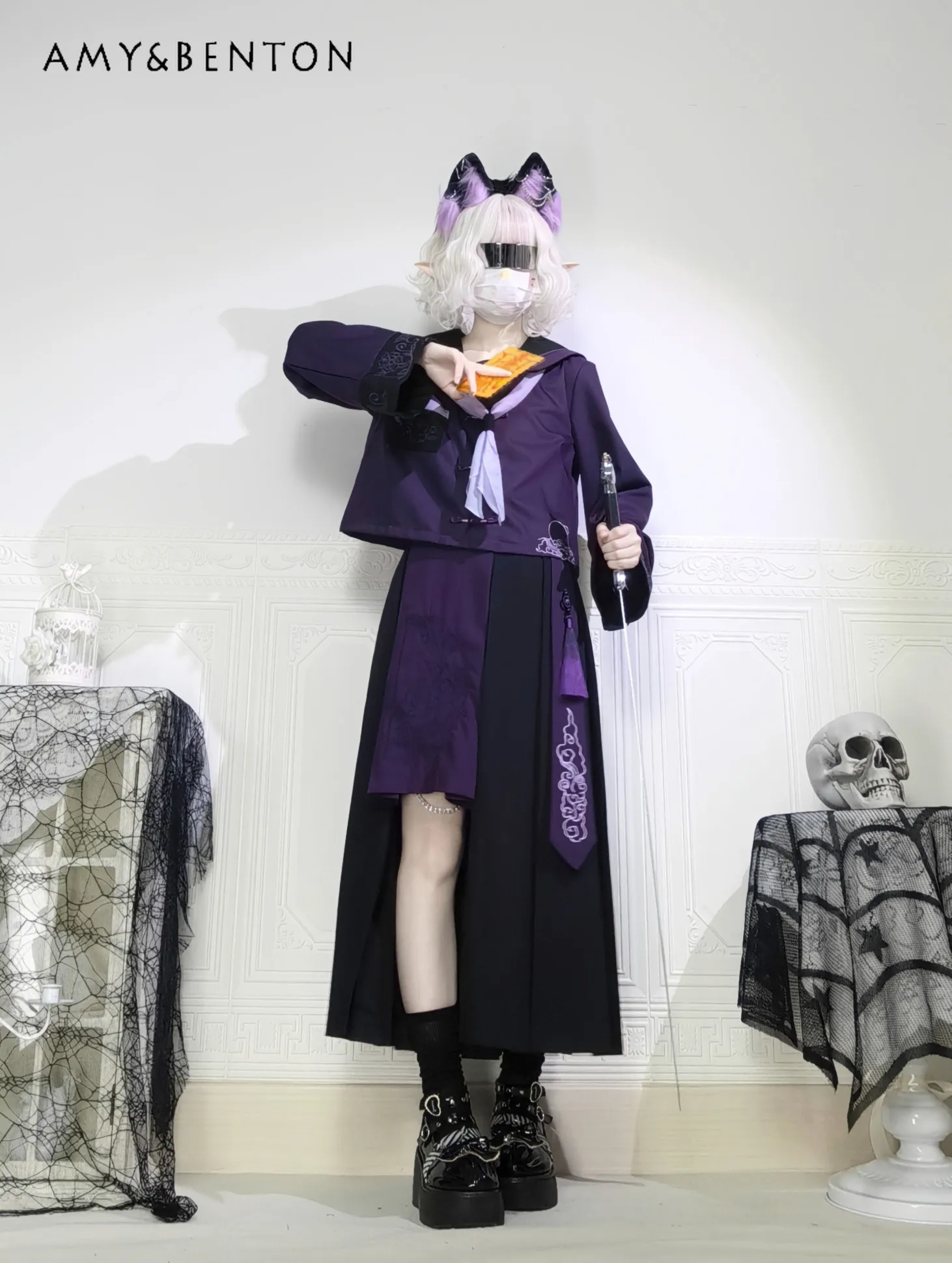 

2026 New Spring Japanese Style Academy Style Purple Black Embroidery Long Sleeve Top Long Patchwork Skirt Set for Teen Girls