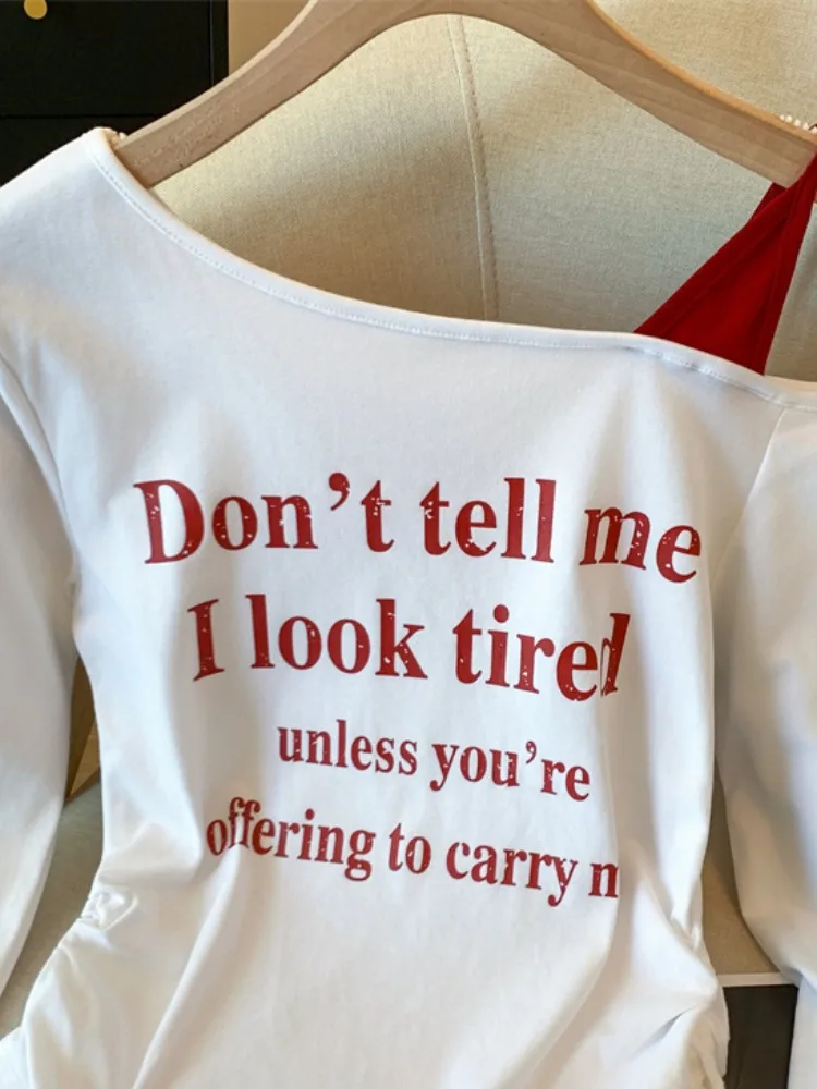 تي شيرت نسائي طويل مكون من قطعتين من oulder Bared تي شيرت نسائي جديد أوائل الخريف ذو ثنيات جديدة ذات ثنيات غير متماثلة... #4