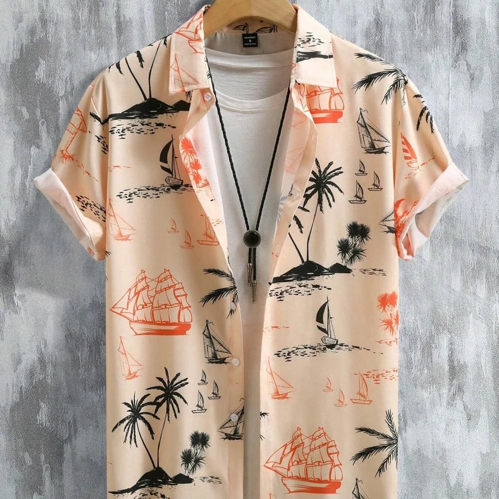 

Men's Coconut Tree Graphic Print Short Sleeve Lapel Shirt Tops Men's Casual Button-Down Shirts For Summer Daily Wear And Resort