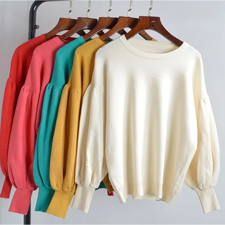 

Весенне-осенний тонкий модный свитер с объемными рукавами, свободный женский вязаный свитер с круглым вырезом и принтом, трендовый укороченный однотонный свитер