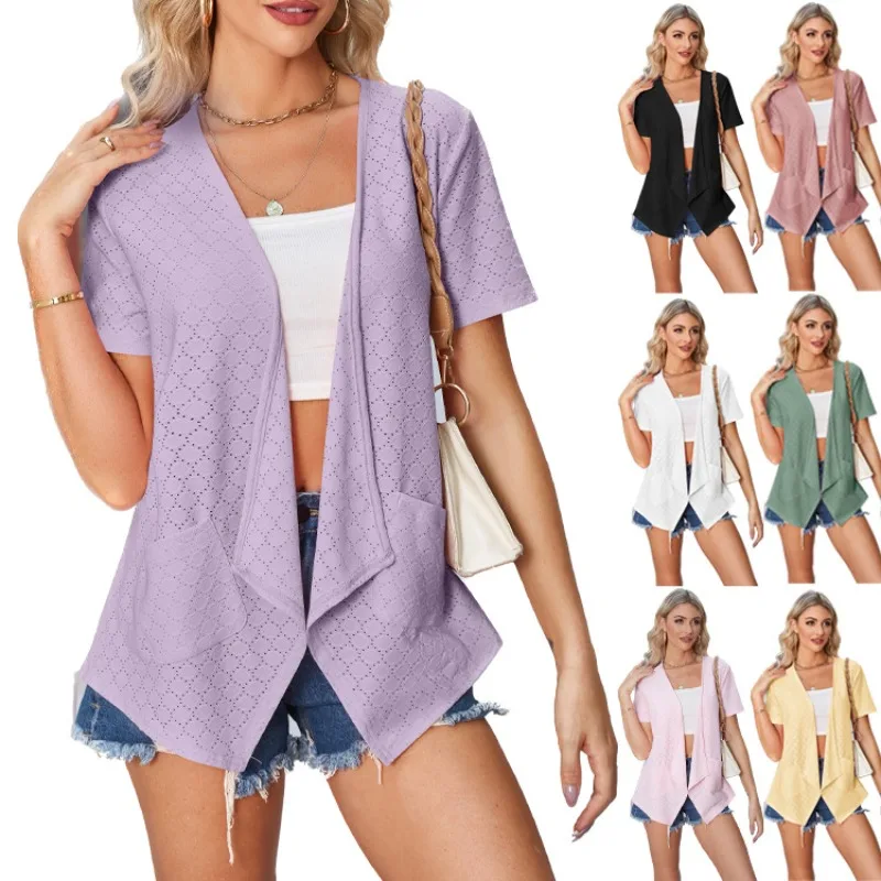 

Women Cardigans Solid Color Eyelet Short Sleeves New Summer Loose Casual Versatile Pocket Cardigan Open Front V-neck Outwear Top